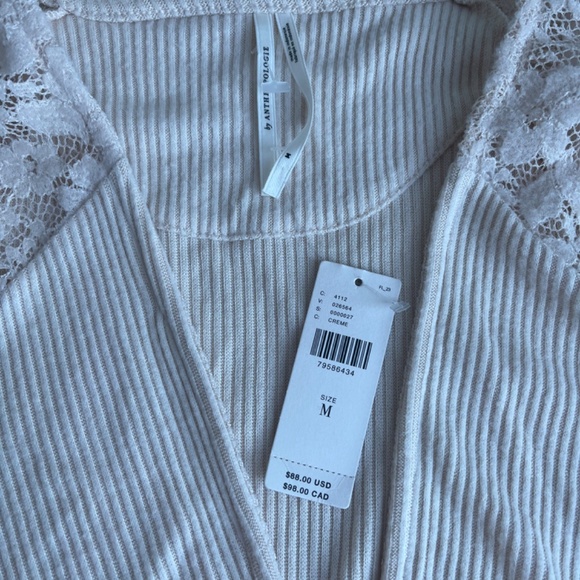 Anthropologie Lace Sleeve Ribbed Knit Surplice Cocktail Top Cream Wrap Sweater - Picture 10 of 10